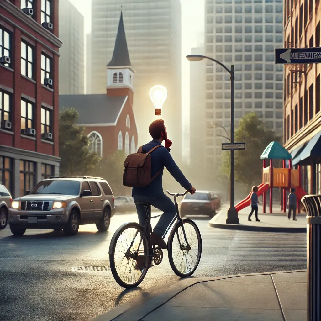 Person auf dem Fahrrad in der Stadt, nachdenklich