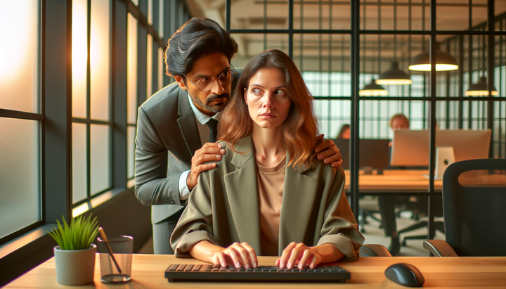 Führungskraft schaut über die Schulter eines Mitarbeiters am Schreibtisch – Micromanagement im Büroalltag