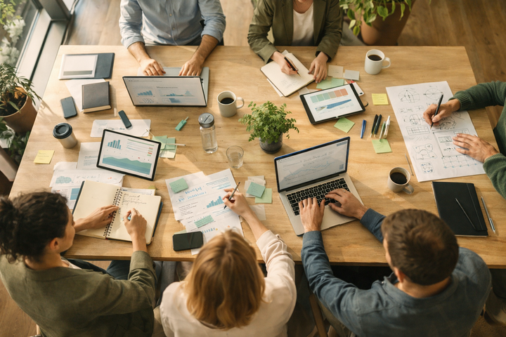 Team aus verschiedenen Abteilungen arbeitet gemeinsam an einem Projekt — Silos aufbrechen