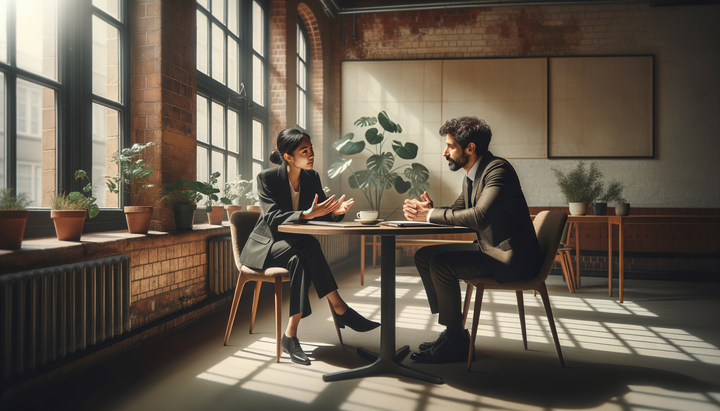 Zwei Personen in einem offenen Feedback-Gespräch in modernem Büro